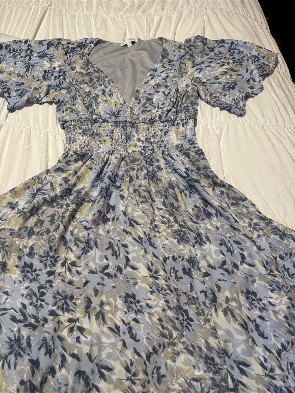 Baltic Born Light Blue Floral V-Neck Smocked Midi Dress